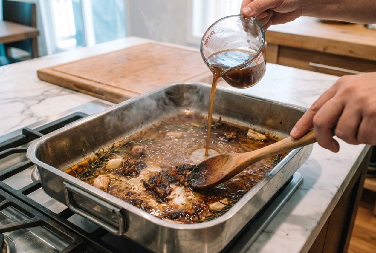 A roasting pan on the stovetop as broth is poured in and browned bits are being scraped up with a wooden spoon