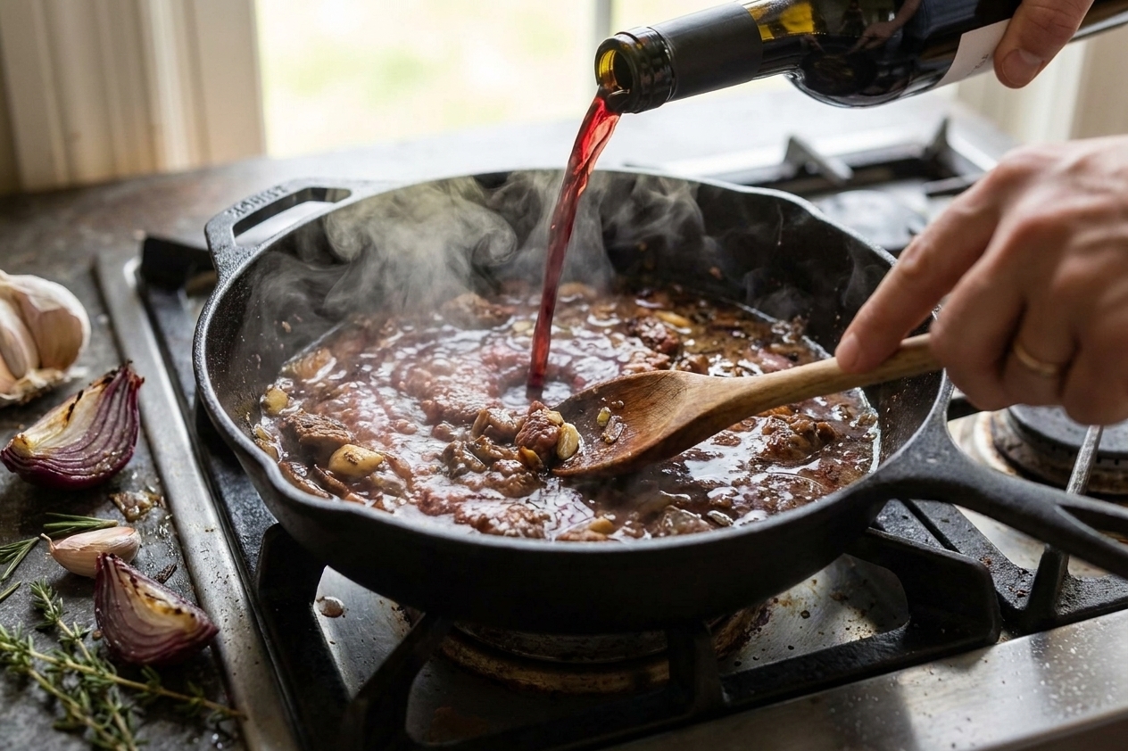 A roasting pan on the stovetop being deglazed with red wine while browned bits are scraped up with a wooden spoon