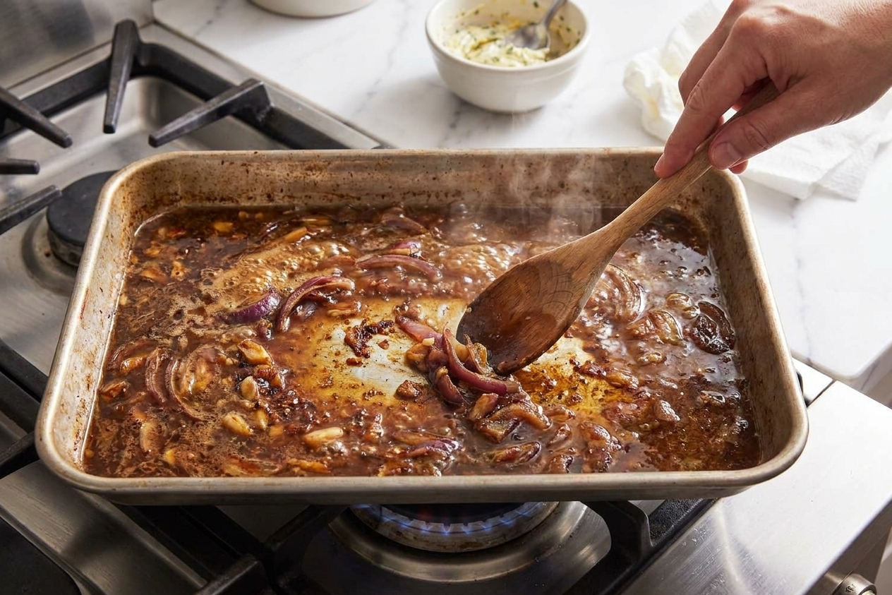 A roasting pan on the stovetop with broth simmering as a spoon scrapes browned bits into a quick pan sauce