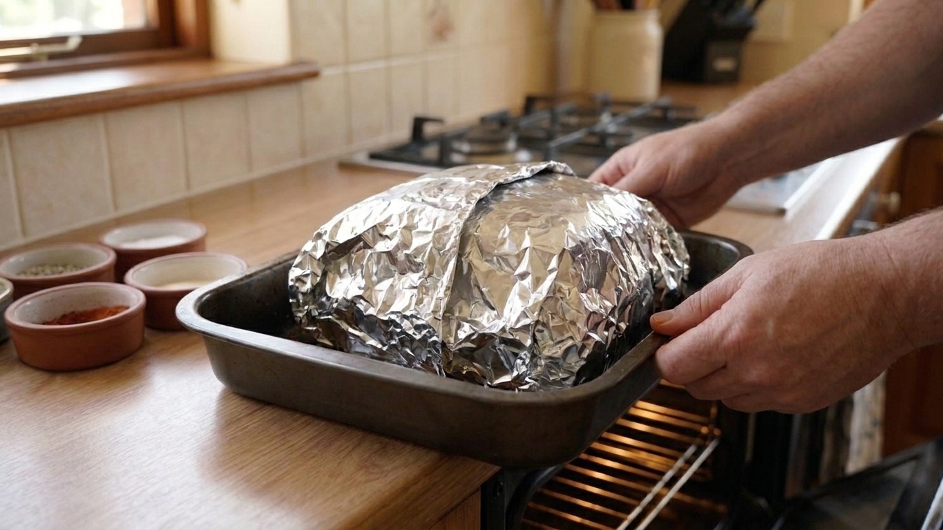 A roasting pan with a Boston butt tightly wrapped in heavy-duty foil, ready to go back into the oven
