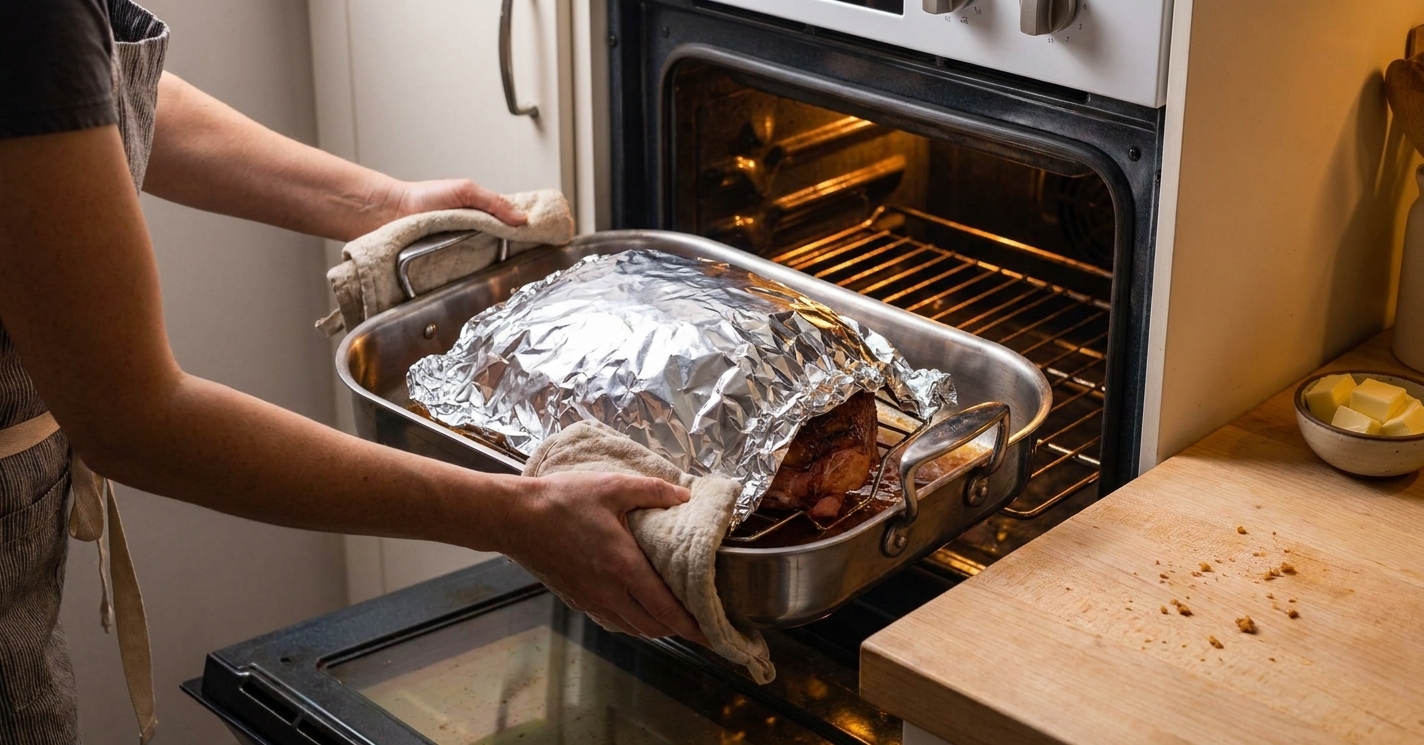 A roasting pan with a foil-covered ham being slid into a home oven, warm kitchen lighting