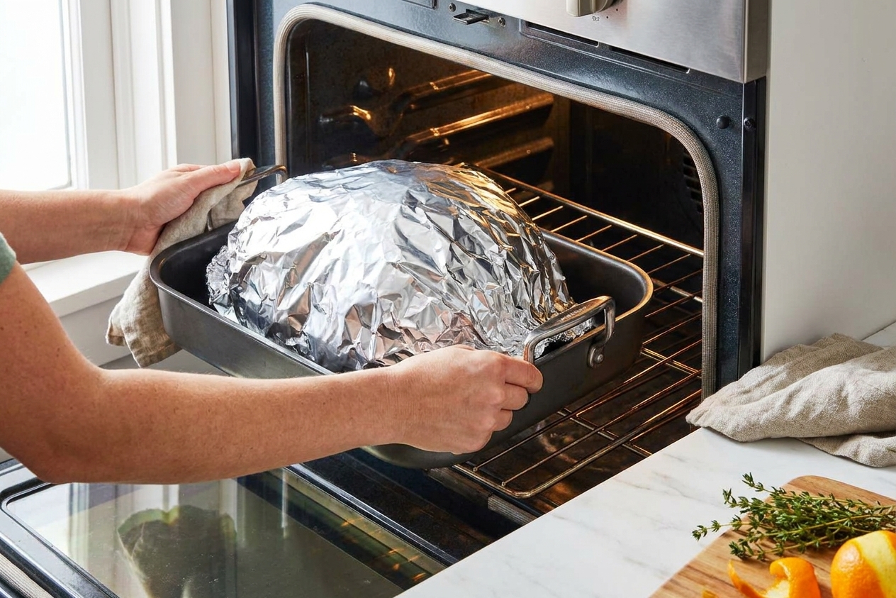 A roasting pan with a ham tightly wrapped in aluminum foil being slid into an oven