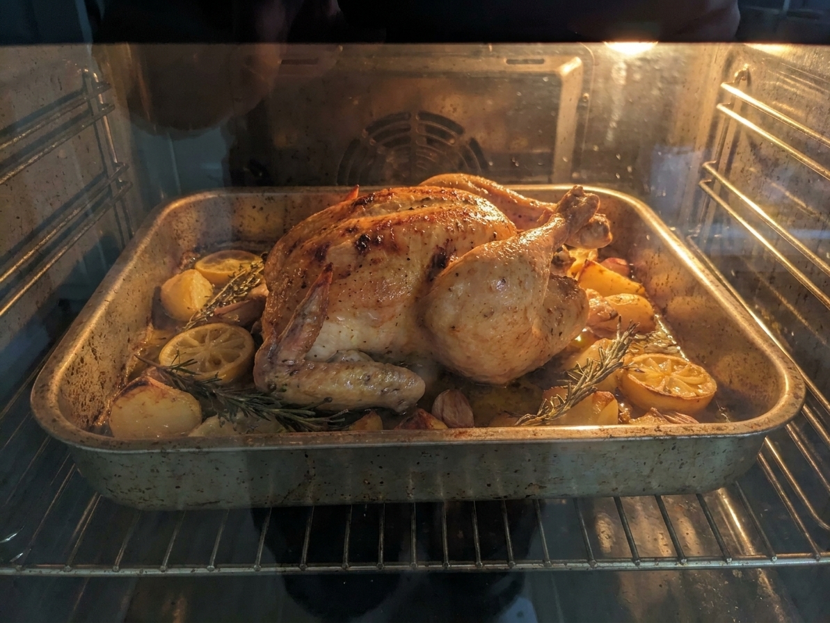 A roasting pan with a whole chicken and potatoes on an oven rack, golden skin developing under oven light