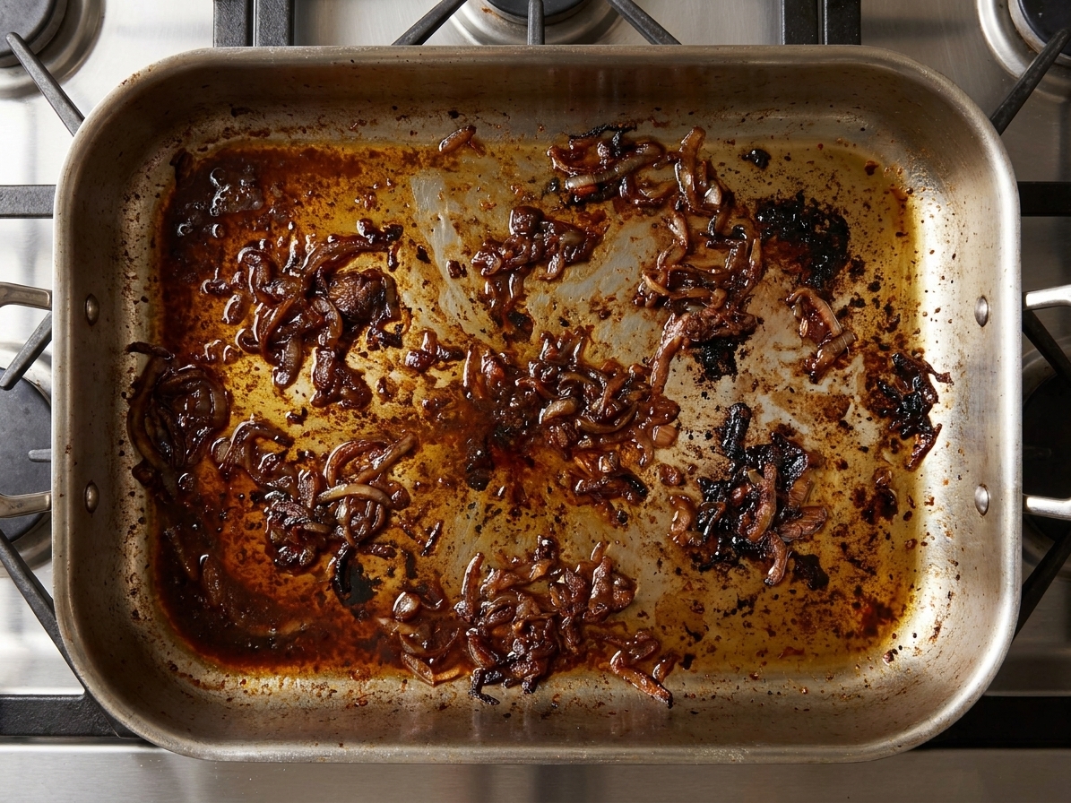 A roasting pan with browned beef drippings and caramelized bits on the bottom, resting on a stovetop