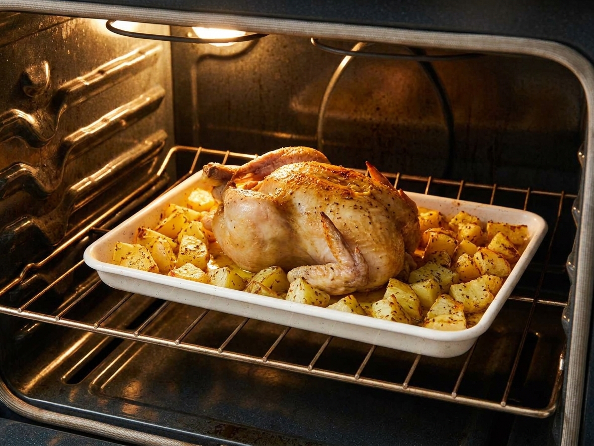 A roasting pan with chicken and potatoes halfway through roasting inside a home oven with warm light