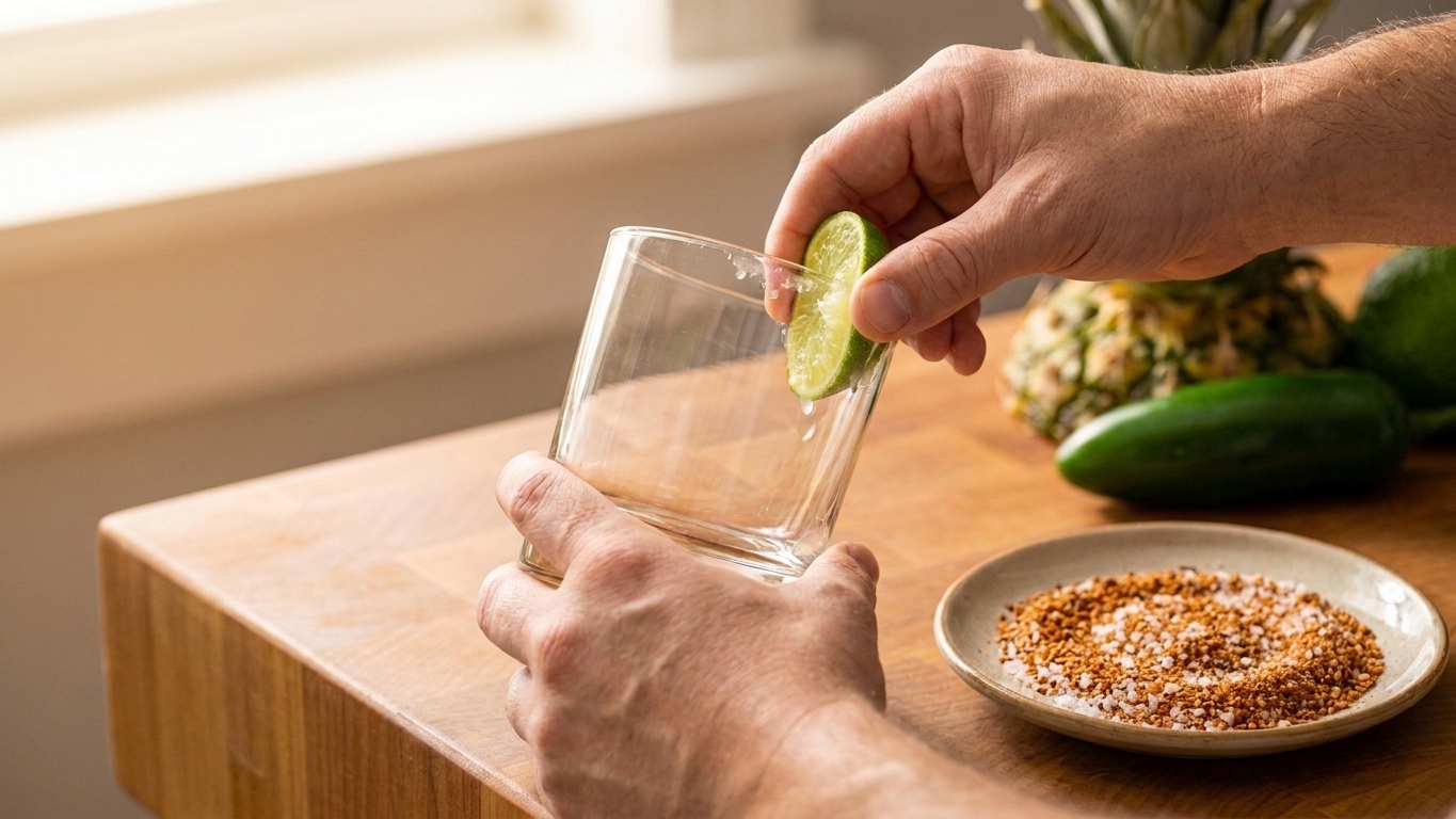 A rocks glass being rimmed with a lime wedge beside a small plate holding tajín mixed with kosher salt on a kitchen counter