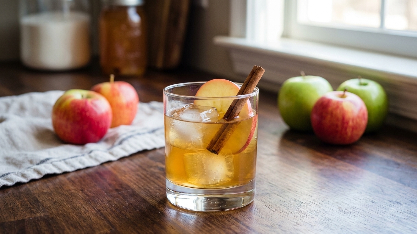 A rocks glass filled with apple cobbler moonshine over ice, garnished with a thin apple slice and a cinnamon stick on a wooden table