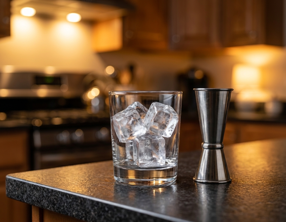 A rocks glass filled with large clear ice cubes on a kitchen counter next to a jigger