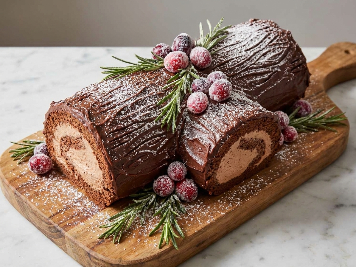 A rolled chocolate cake on a serving board with a small diagonal cut piece positioned on the side like a branch