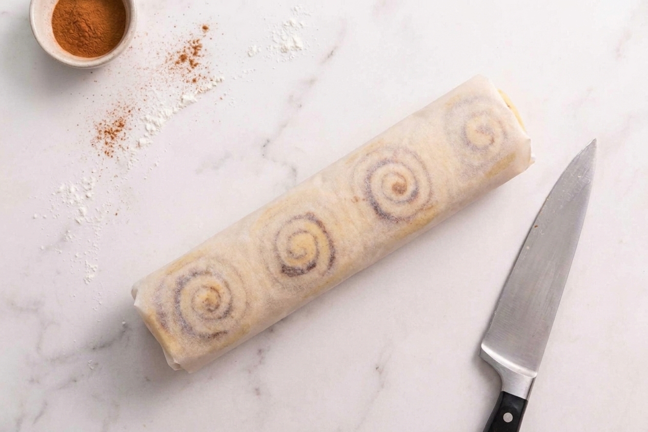 A rolled log of cinnamon-filled cookie dough wrapped in parchment on a kitchen counter
