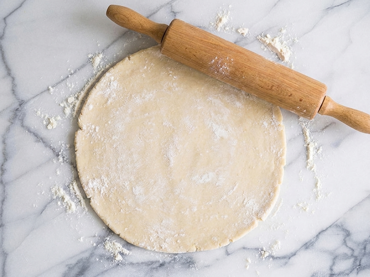 A rolled pie dough round on a lightly floured countertop with a wooden rolling pin and scattered flour