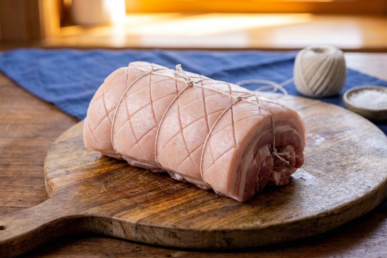 A rolled pork belly secured with kitchen twine on a cutting board, ready to be chilled and roasted