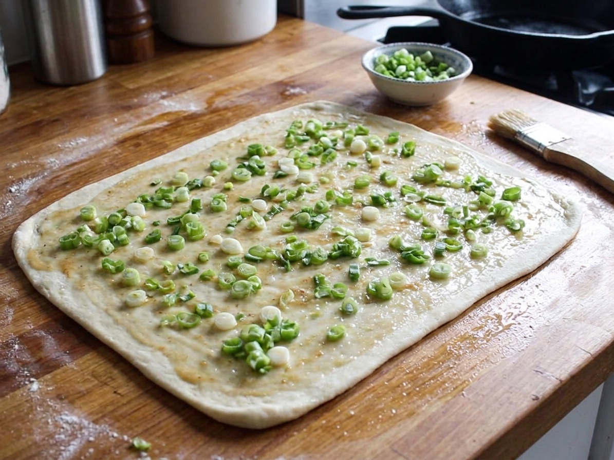 A rolled rectangle of dough on an oiled counter with an even layer of oil paste and sliced scallions scattered over the top