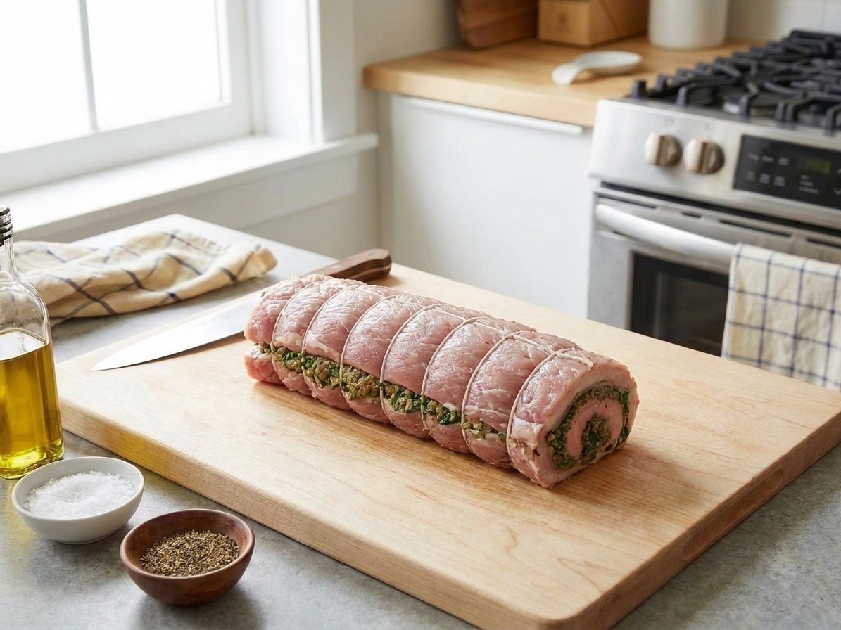 A rolled stuffed pork loin tied neatly with kitchen twine on a cutting board, ready to be seared