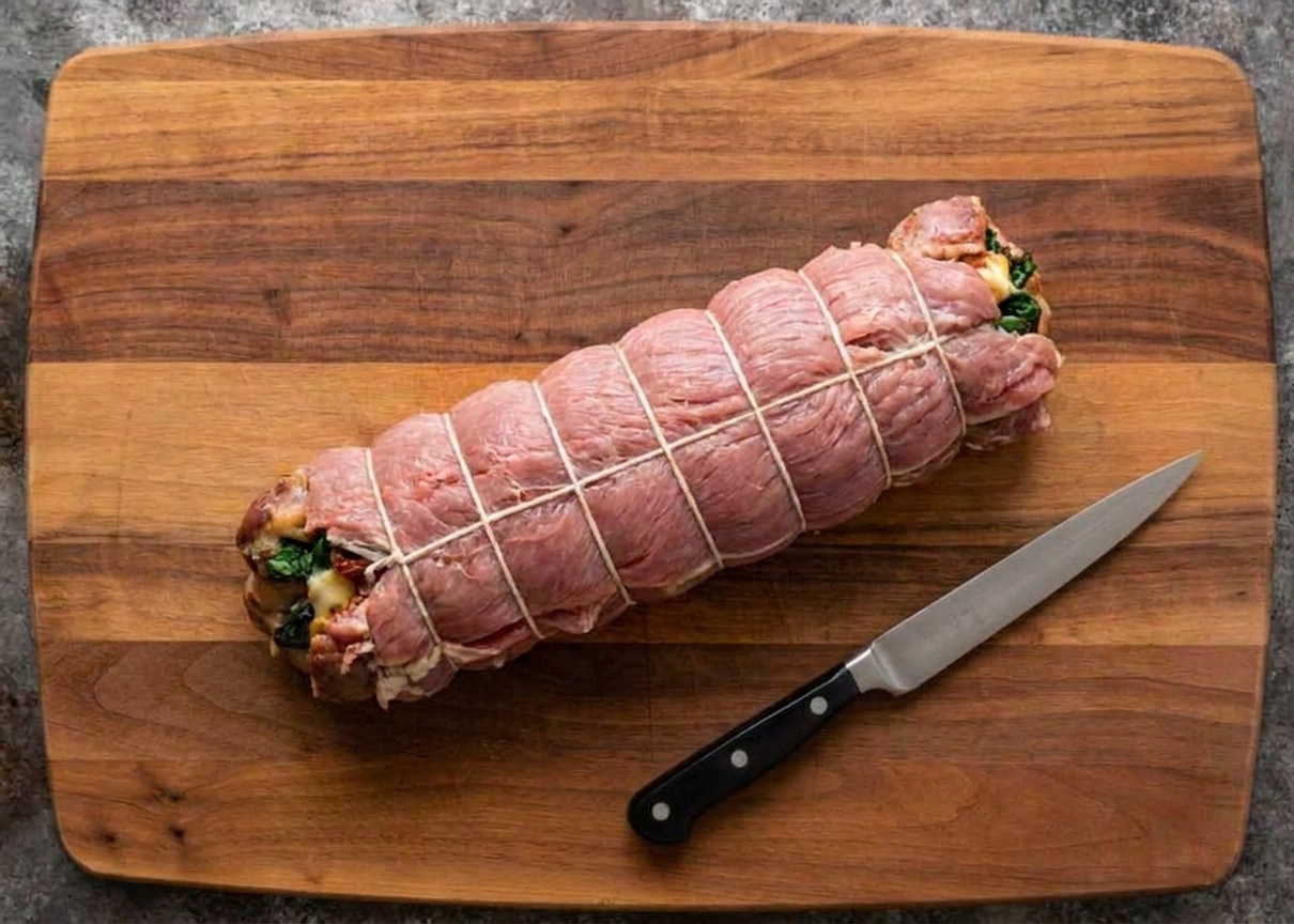 A rolled stuffed pork tenderloin tied with kitchen twine at regular intervals on a cutting board