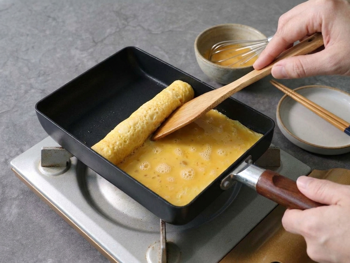 A rolled tamago omelet being formed in a nonstick skillet over low heat with a spatula