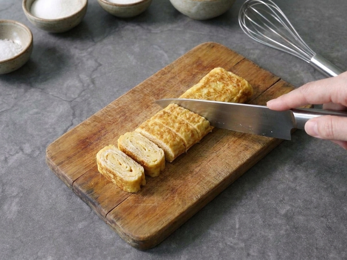 A rolled tamago omelet resting on a cutting board being sliced into even pieces with a sharp knife