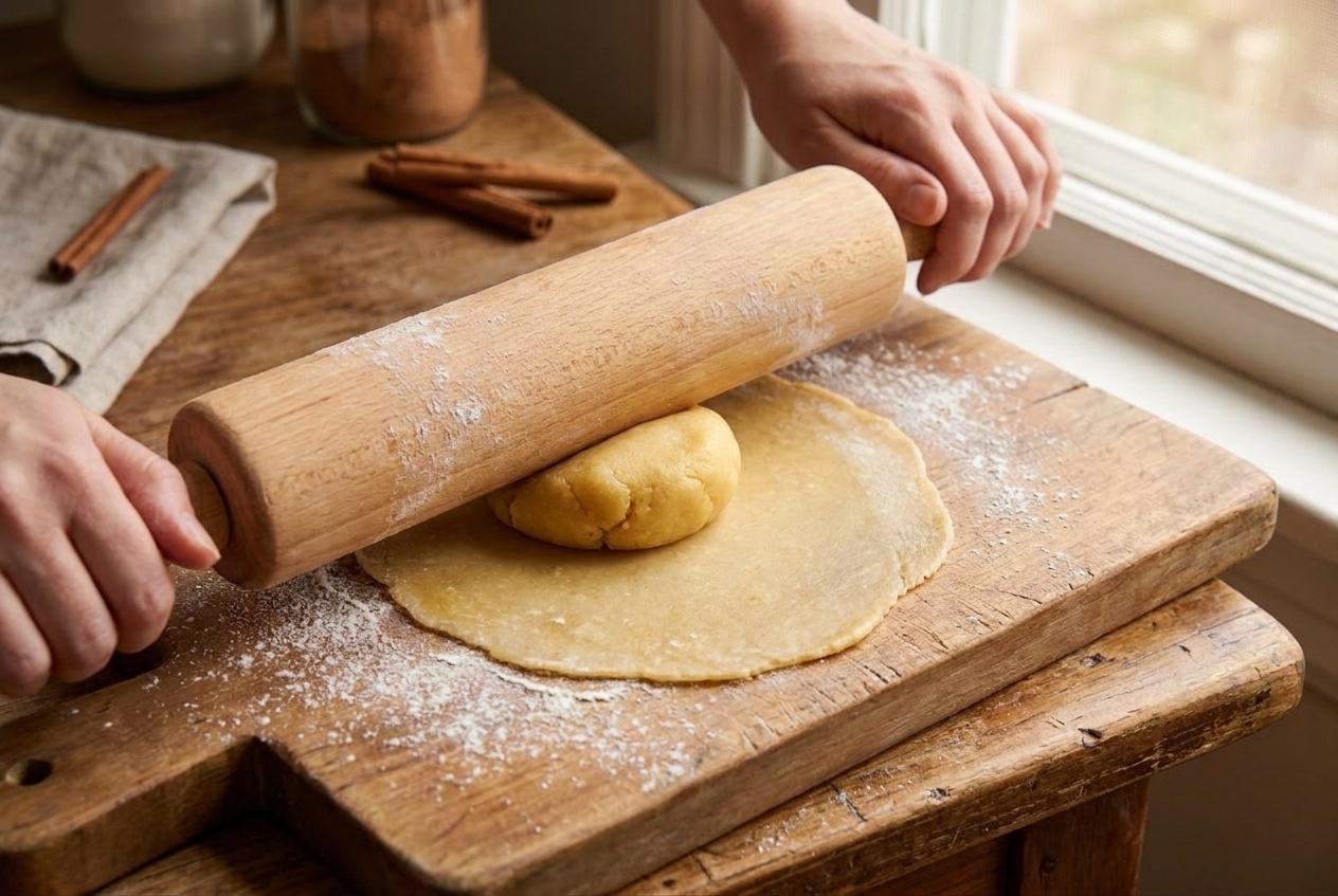 A rolling pin flattening a small dough ball into a very thin circle on a lightly floured wooden cutting board in a bright kitchen