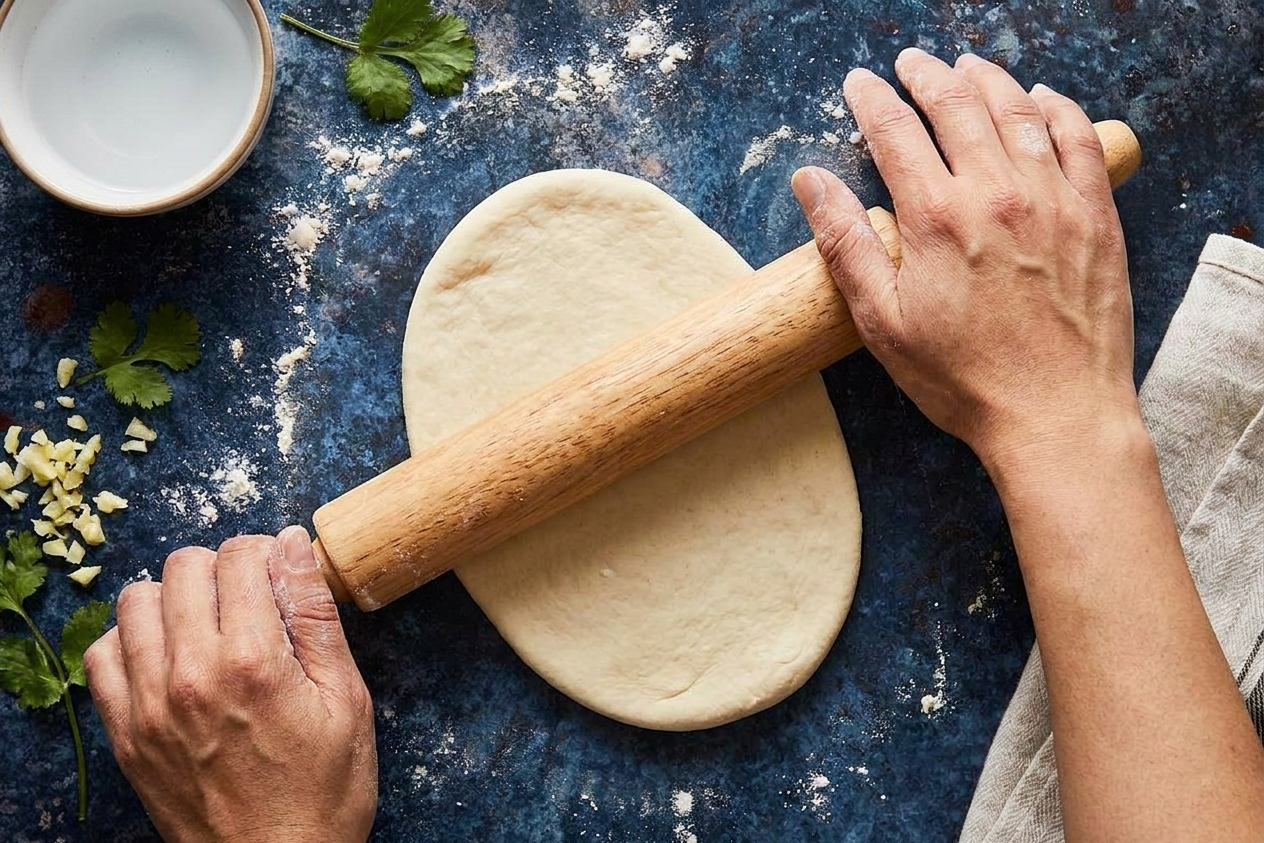 A rolling pin flattening naan dough into an oval on a lightly floured surface
