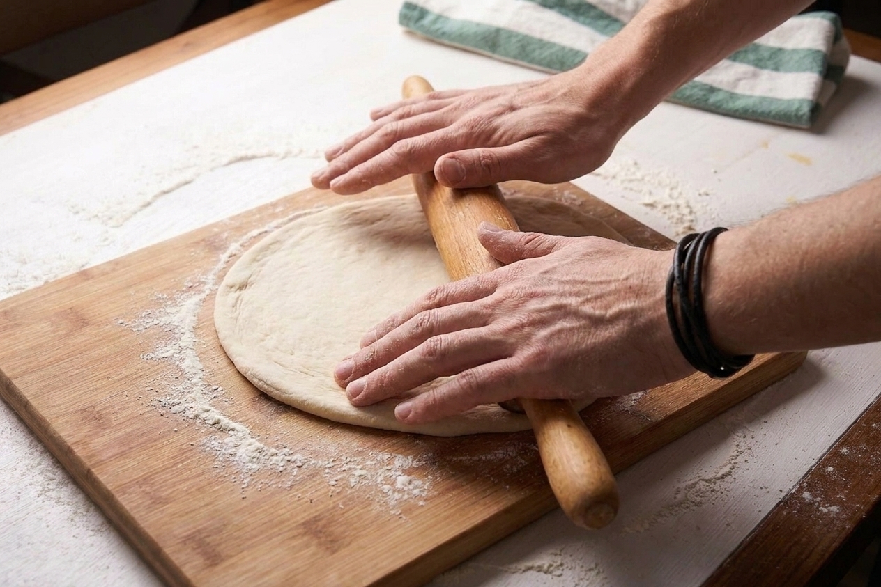 A rolling pin flattening pizza dough into a thin round on a floured wooden board