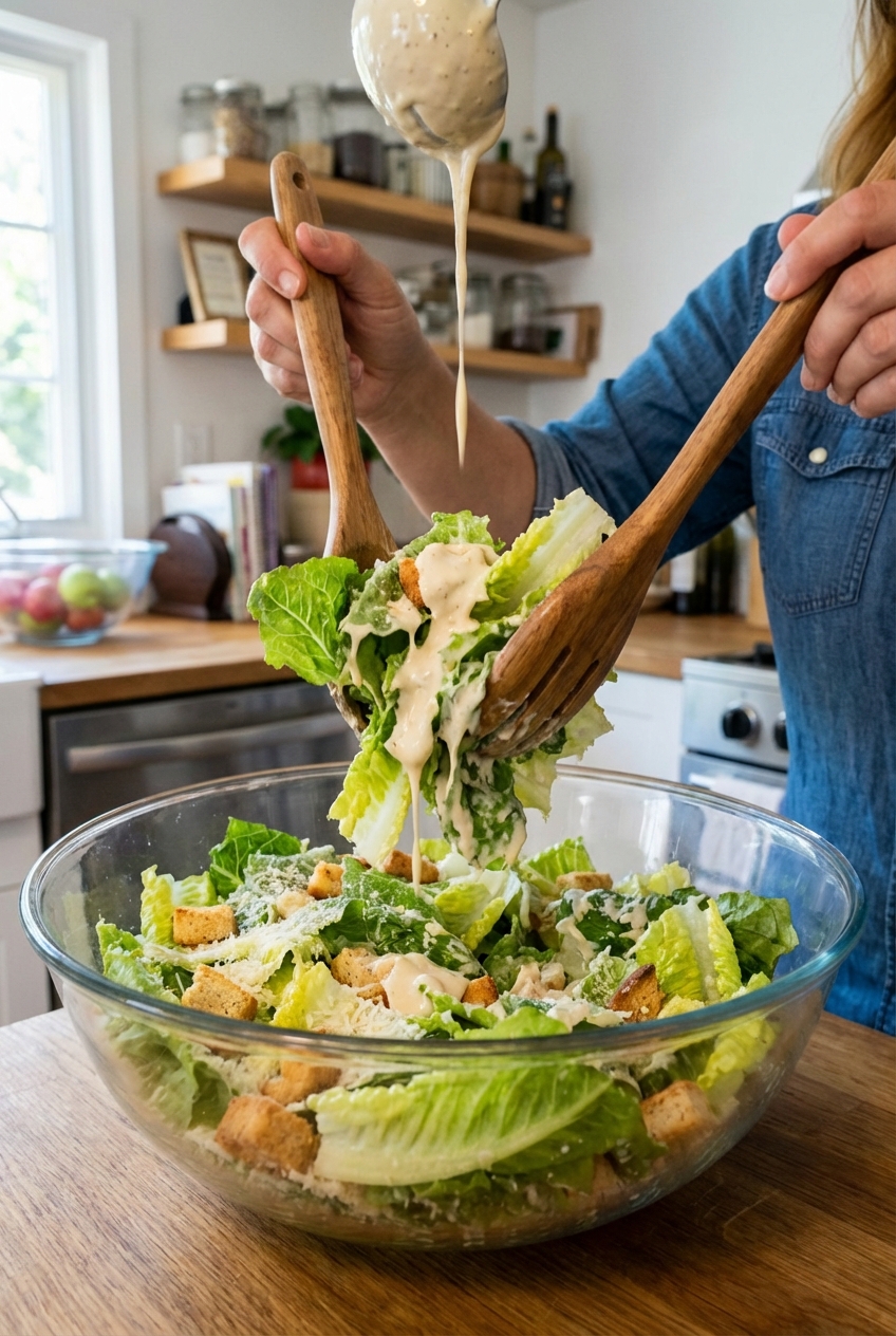 A romaine Caesar salad being tossed in a large bowl with creamy dressing and grated Parmesan