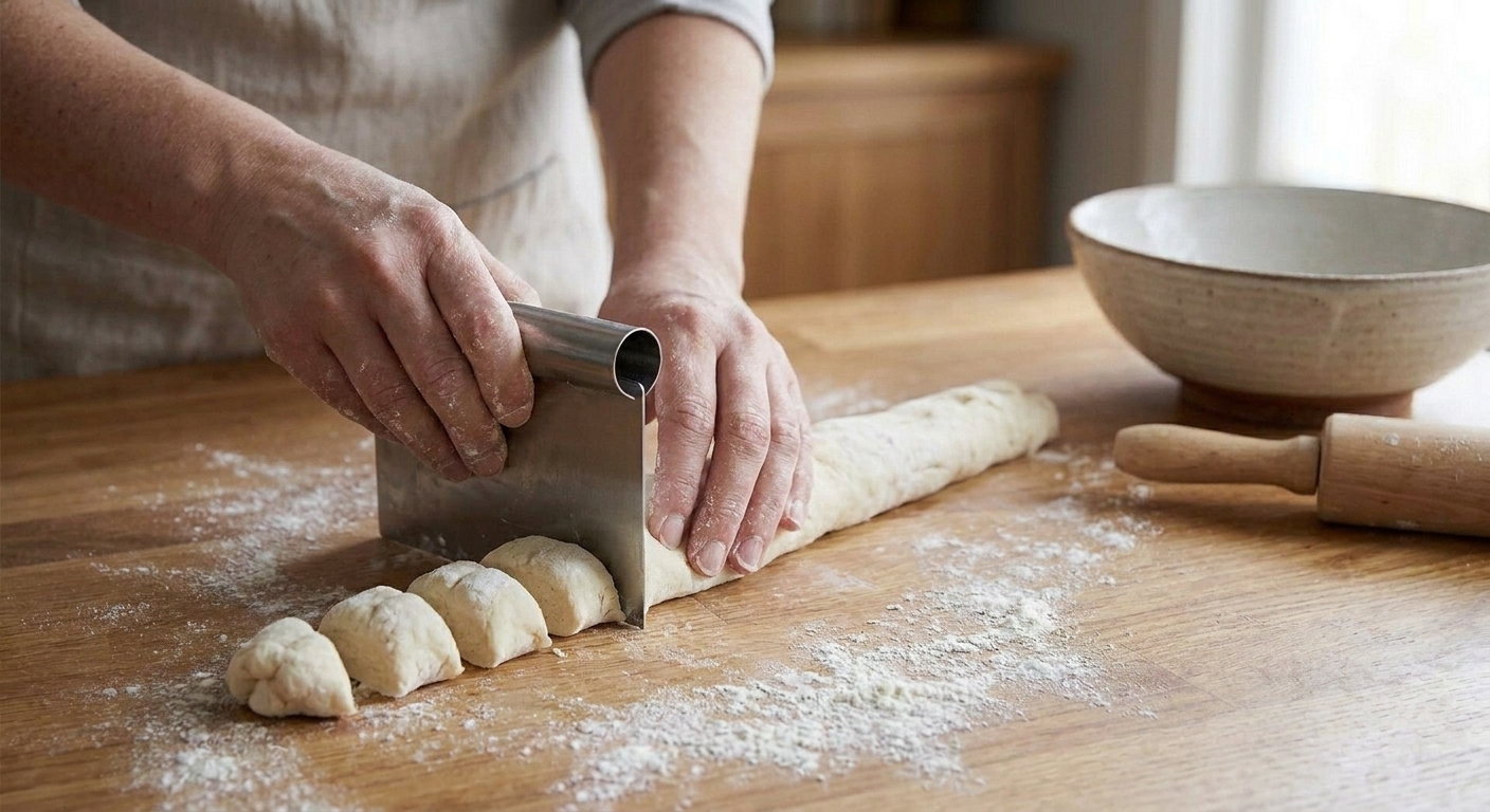 A rope of dumpling dough being cut into small even pieces with a bench scraper