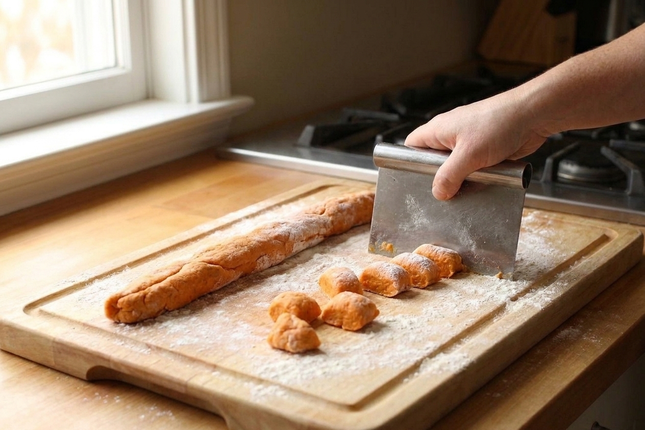 A rope of sweet potato gnocchi dough being cut into bite-size pieces with a bench scraper on a floured wooden board