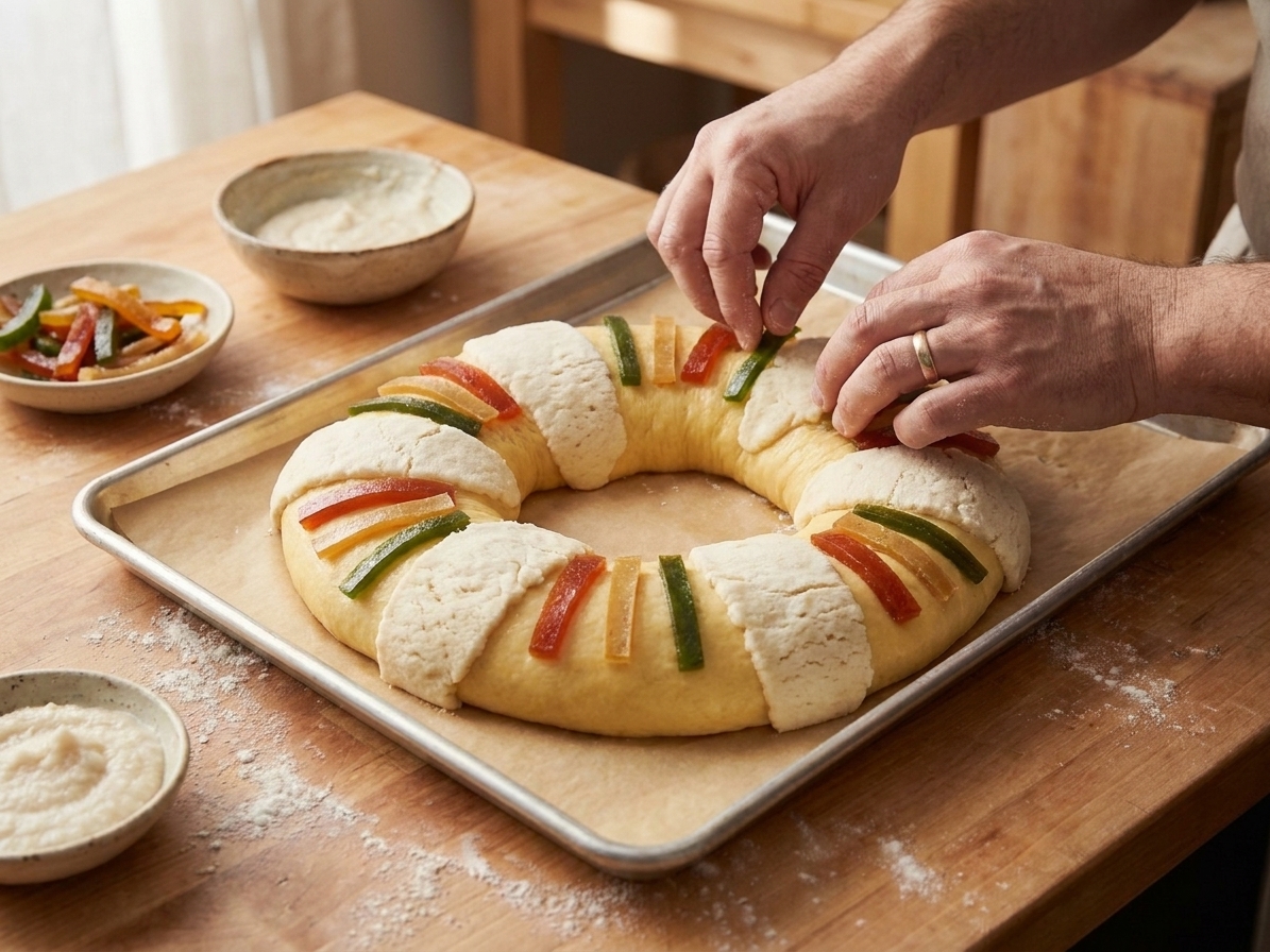 A rosca shaped dough ring on a parchment lined sheet pan being decorated with strips of sugar paste and colorful candied fruit by hand