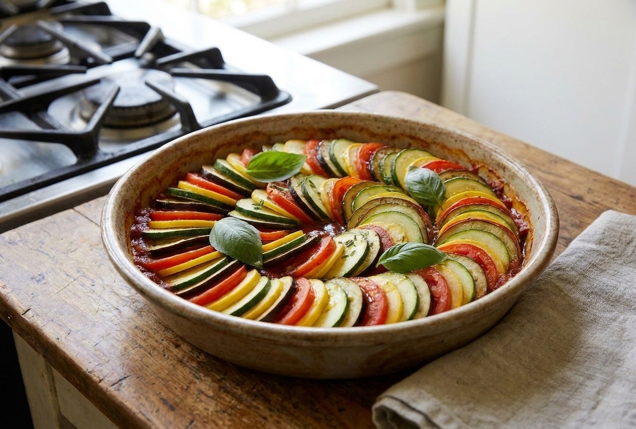A round baking dish of ratatouille with thinly sliced zucchini, eggplant, and tomato layered in a spiral over a red pepper tomato sauce, fresh basil on top, set on a warm kitchen counter