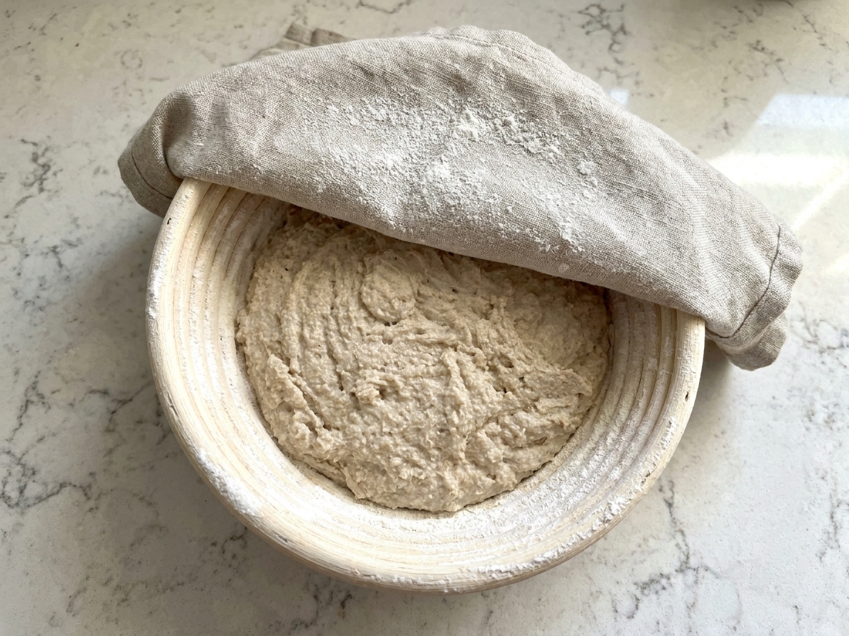 A round banneton dusted with rice flour holding gluten-free sourdough dough covered with a towel on a countertop