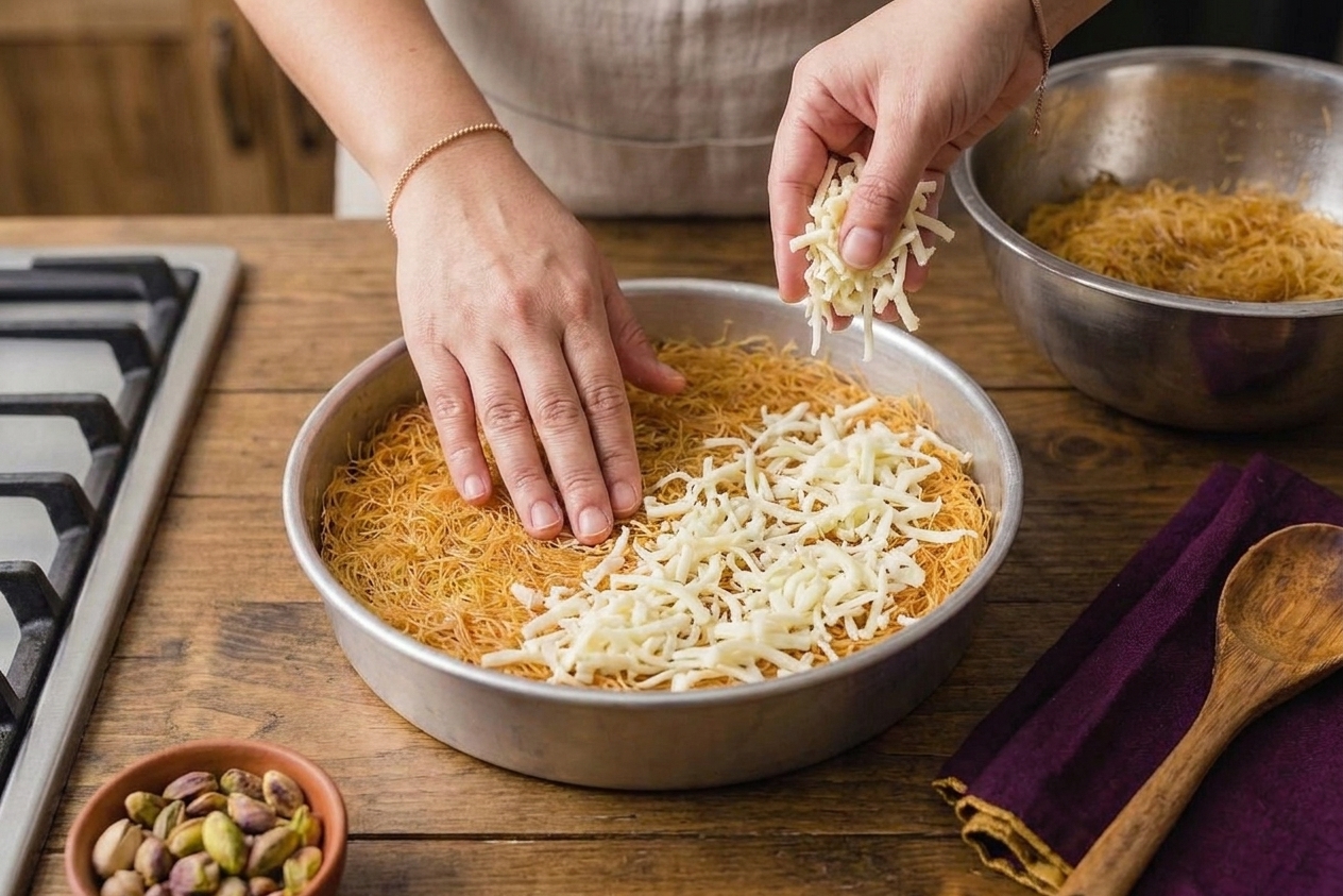 A round cake pan being filled with buttered kataifi and a layer of cheese, shown mid-assembly on a kitchen counter