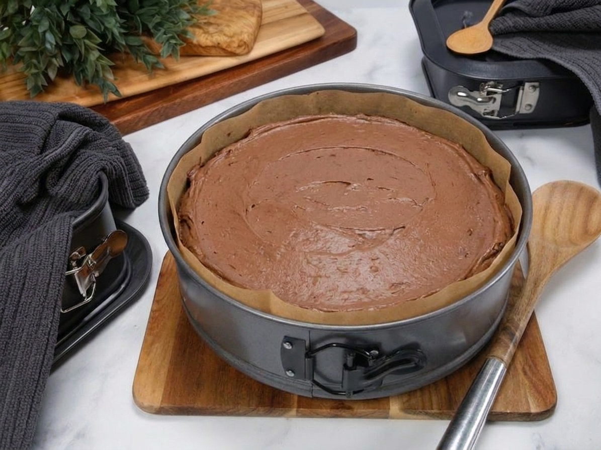 A round cake pan filled with chocolate mousse spread smooth on top over a cake base, ready to chill in the refrigerator