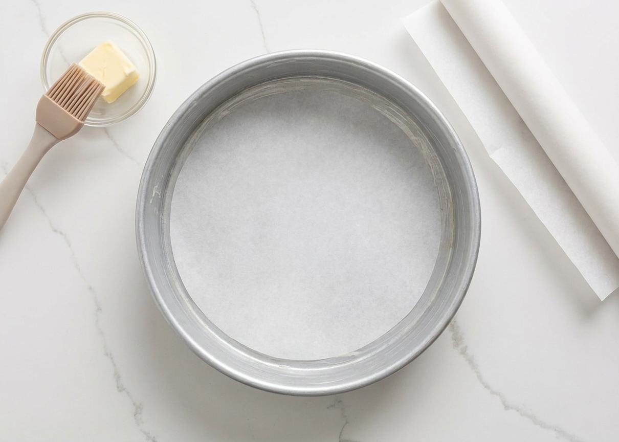 A round cake pan greased and lined with a circle of parchment paper on a light kitchen counter
