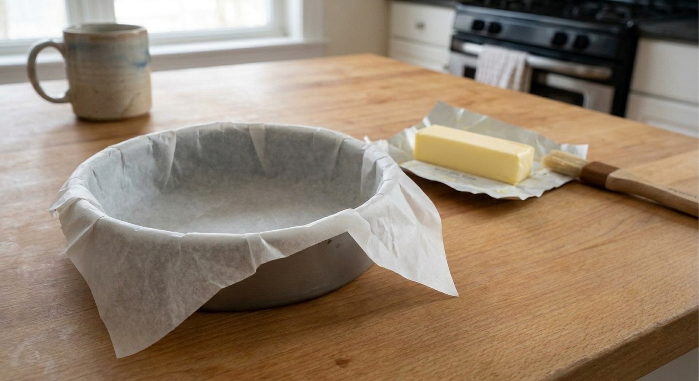 A round cake pan lined with parchment paper on a kitchen counter next to a stick of butter and a pastry brush