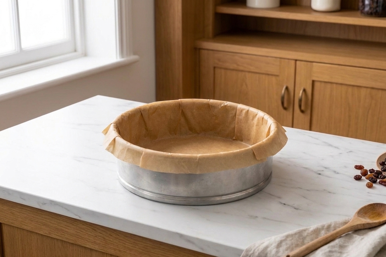 A round cake pan lined with parchment paper on the bottom and sides on a clean kitchen counter