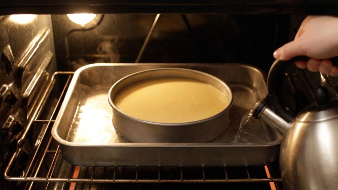 A round cake pan of flan custard sitting in a roasting pan filled with hot water inside an oven