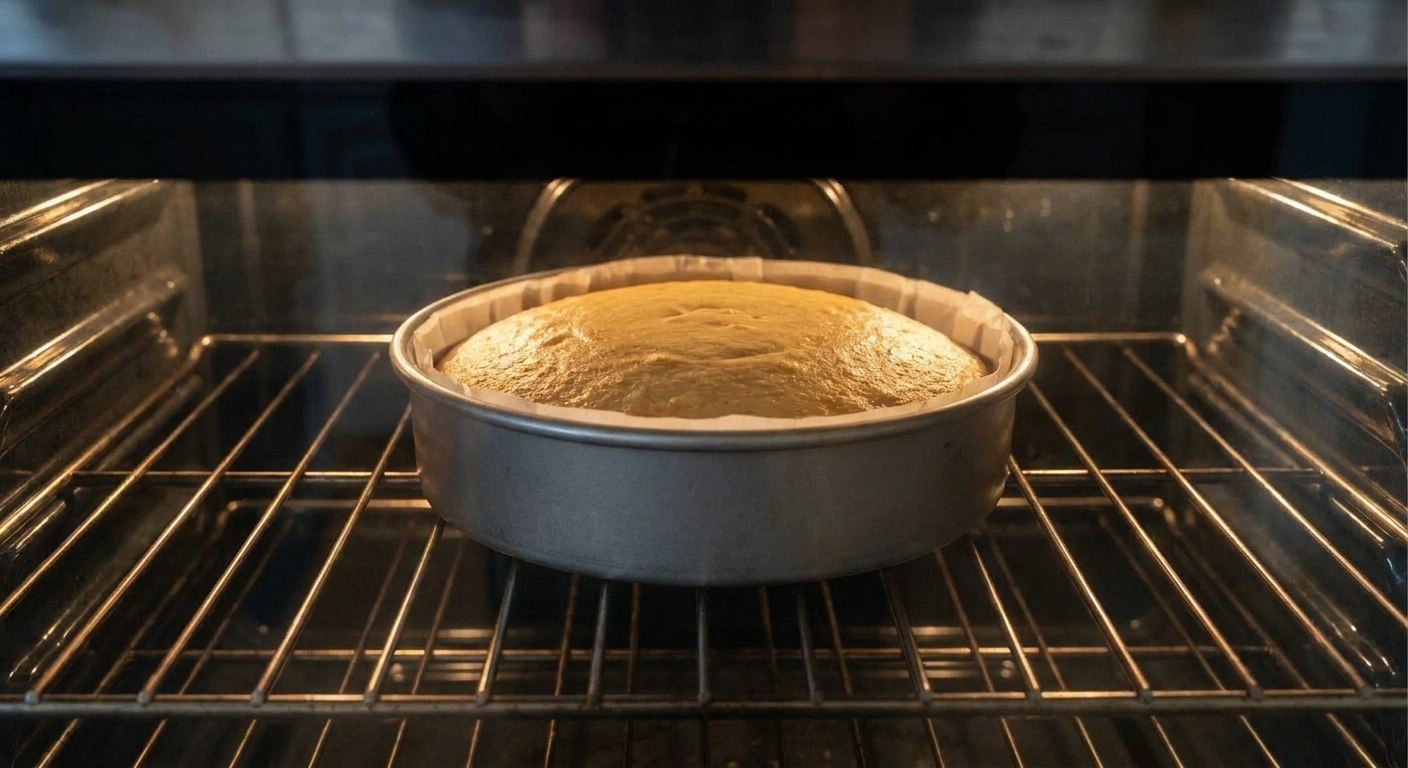 A round cake pan on the center rack of an oven with the cake batter rising
