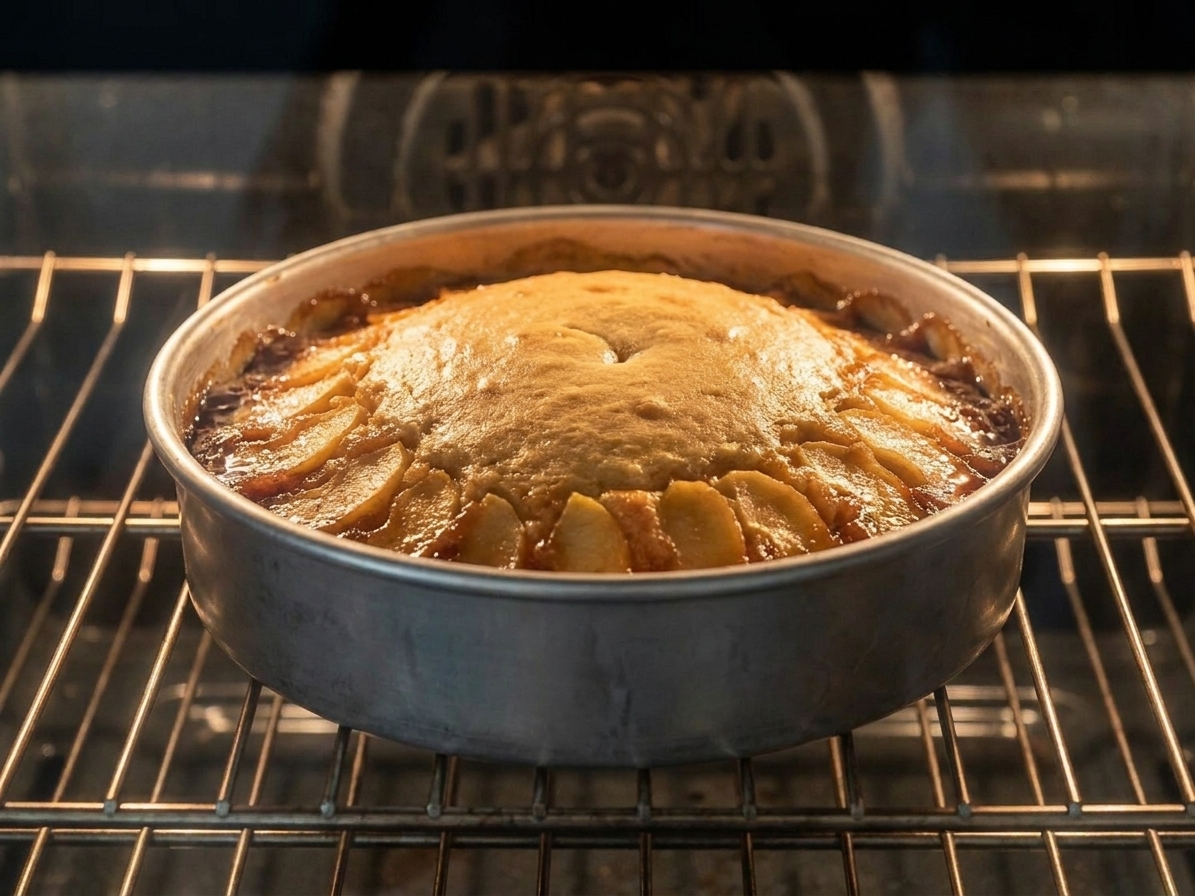 A round cake pan sitting on an oven rack with a golden cake rising as it bakes
