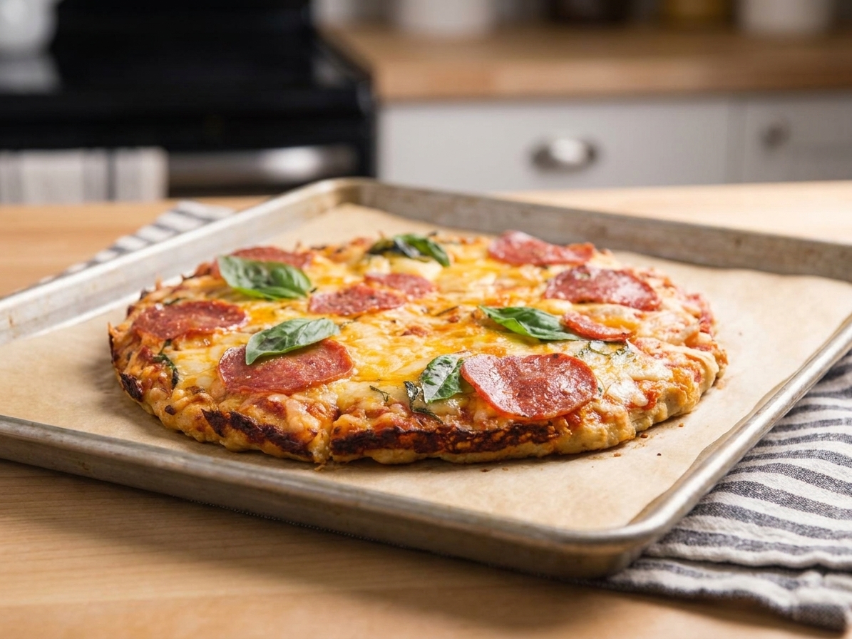 A round chicken crust pizza on a parchment-lined baking sheet, topped with marinara, melted mozzarella, pepperoni, and basil on a warm kitchen counter
