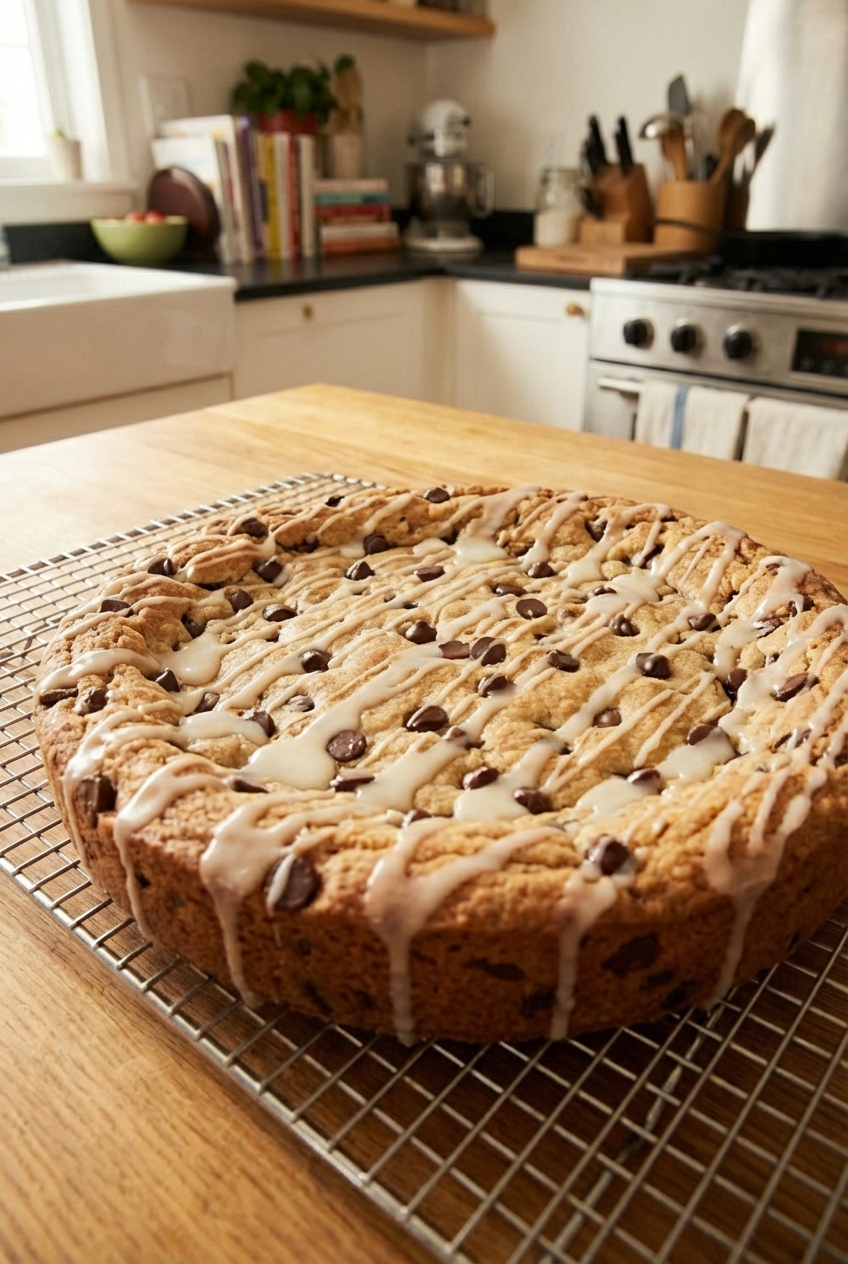 A round cookie cake cooling on a wire rack with a drizzle of vanilla glaze and chocolate chips visible on top