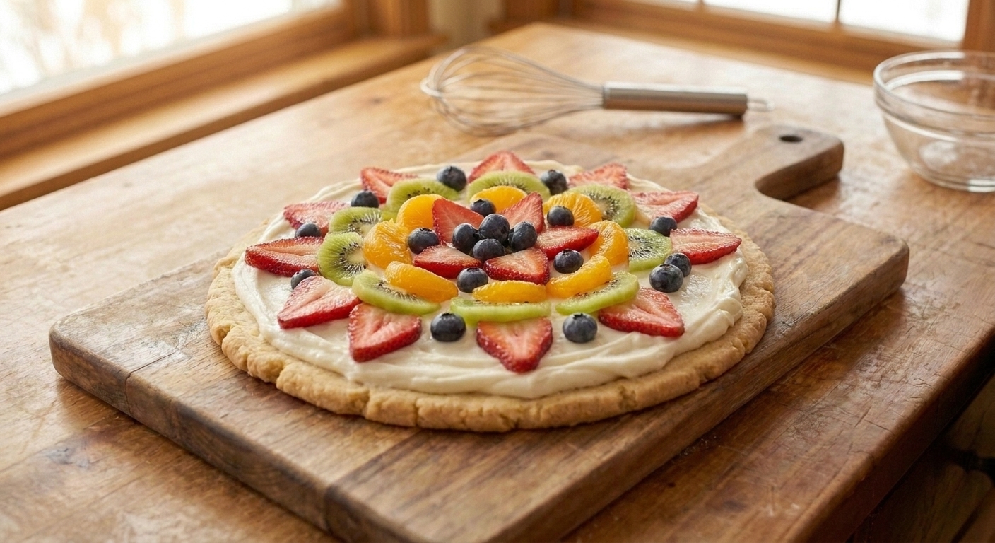 A round dessert pizza on a wooden board with a golden sugar cookie crust, cream cheese frosting, and fresh strawberries, blueberries, kiwi, and mandarin slices in a bright kitchen