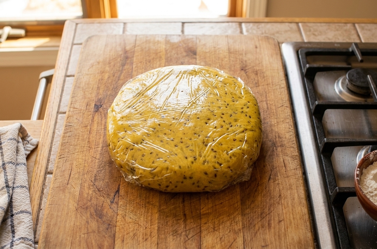 A round disk of yellow turmeric-tinted pastry dough wrapped and resting on a cutting board on a kitchen counter