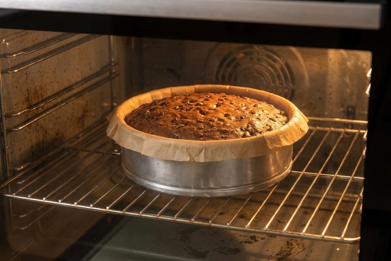 A round fruitcake baking on the center rack of a home oven, the pan lined with parchment paper