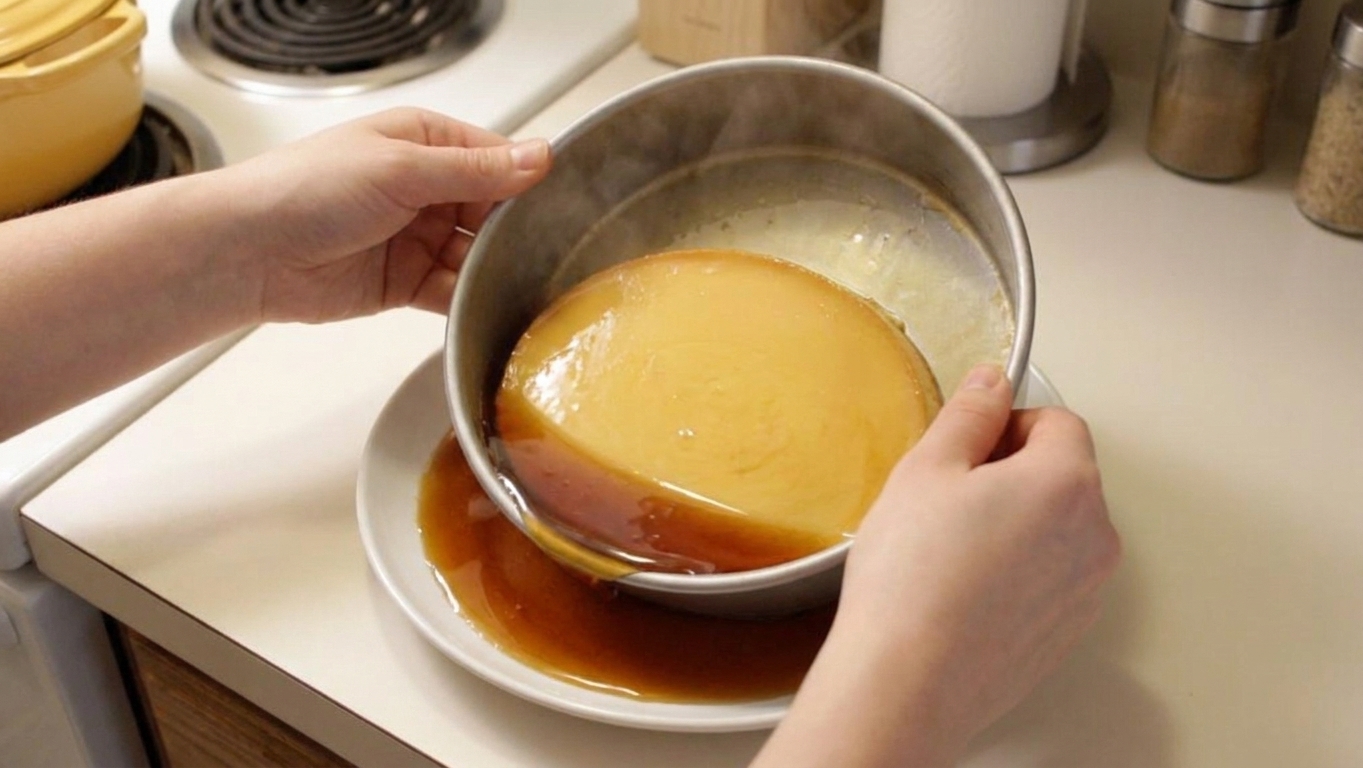 A round leche flan being flipped onto a white serving plate with caramel sauce pooling around the custard