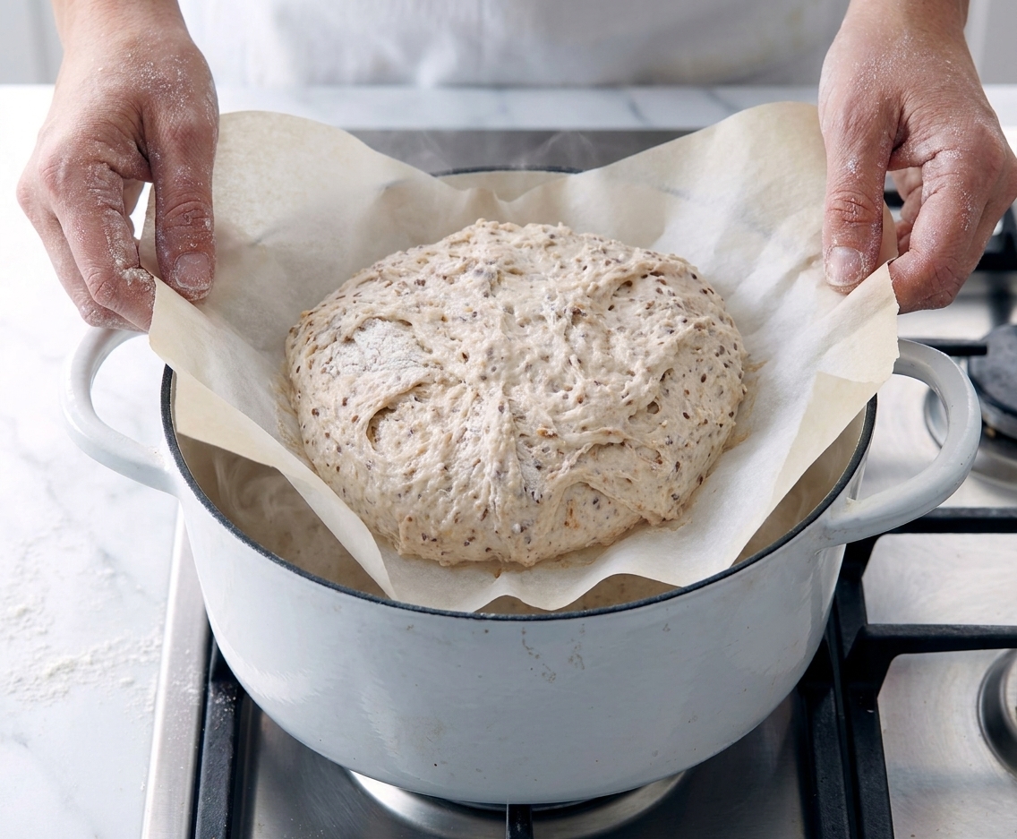 A round loaf of dough on parchment being lowered into a preheated cast iron Dutch oven on a stovetop