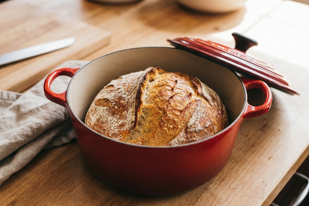 A round loaf with a deep golden crust sitting inside an open Dutch oven