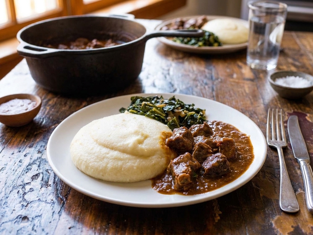 A round mound of ugali on a white plate with sautéed greens and a rich stew beside it on a wooden table, warm kitchen lighting