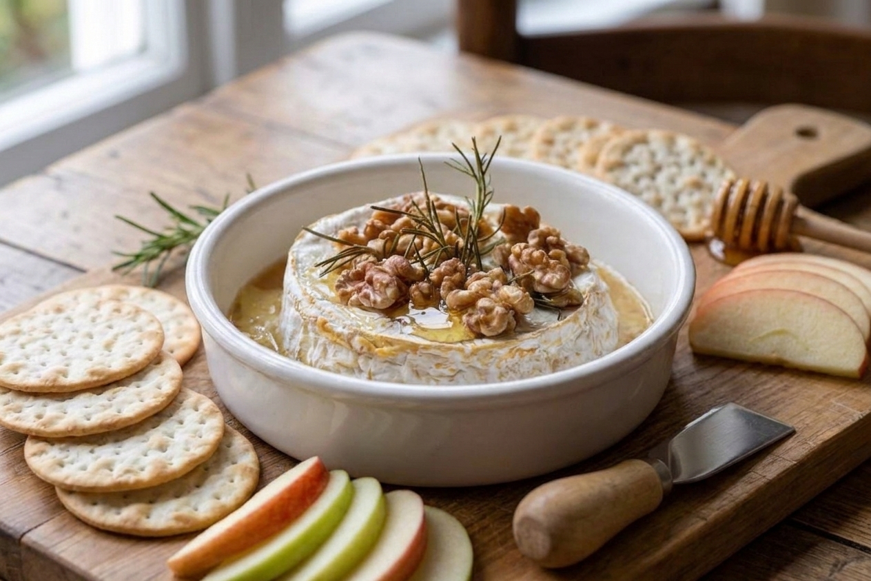 A round of baked brie on a small white baking dish, topped with toasted walnuts, honey, and rosemary, surrounded by crackers and sliced apples on a warm wooden table