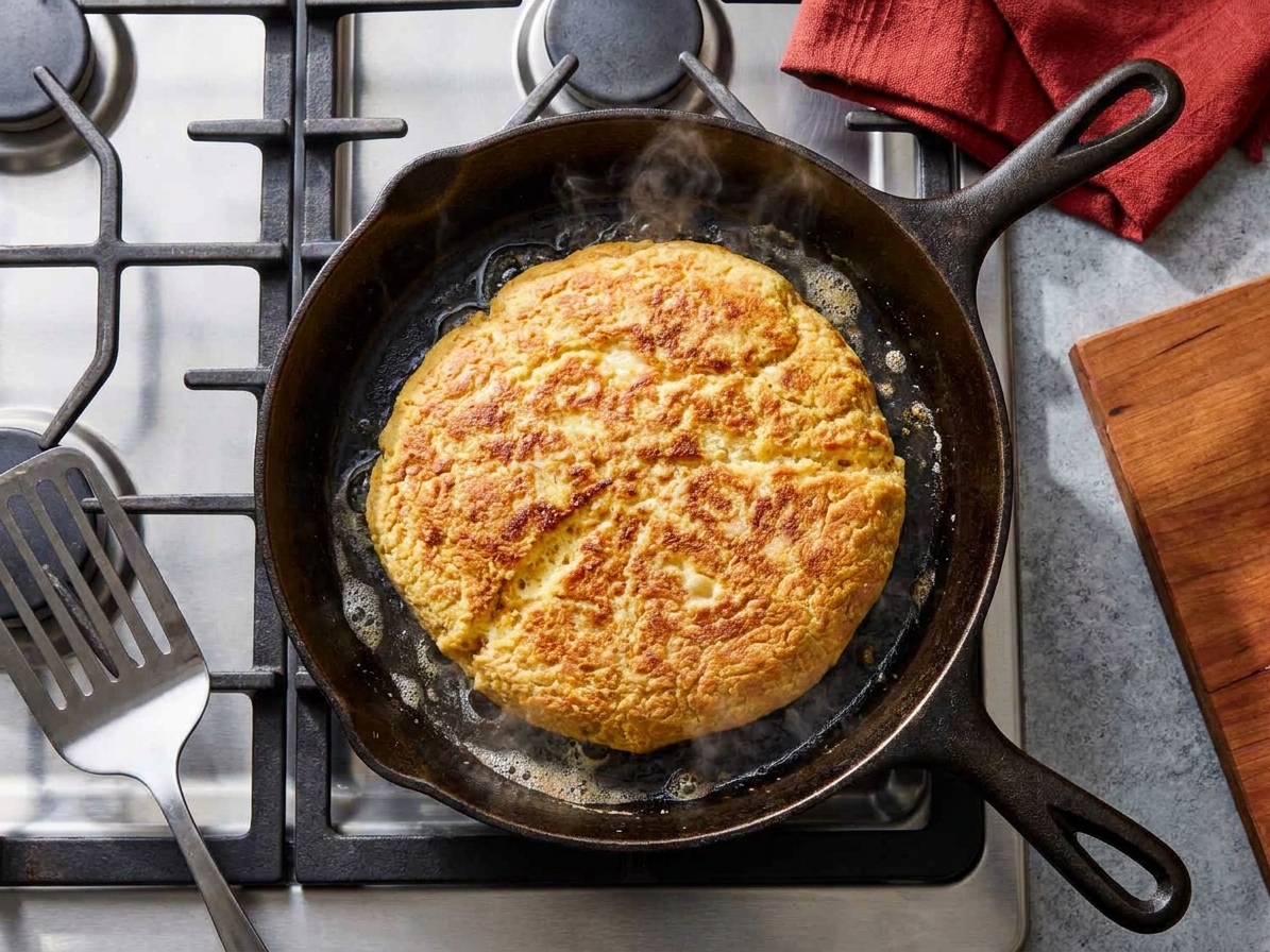 A round of bannock dough cooking in a cast iron skillet on a stovetop with a spatula nearby, edges turning golden