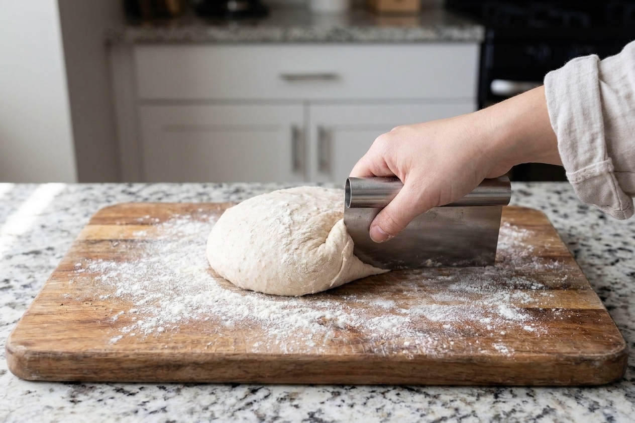 A round of dough being tucked into a tighter ball with a bench scraper on a lightly floured wooden counter